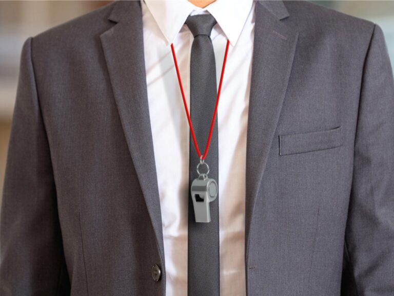 man-in-suit-wearing-a-whistle-with-red-string-3d-illustration AI Whistleblower Response and Its Role in Compliance and Risk Management